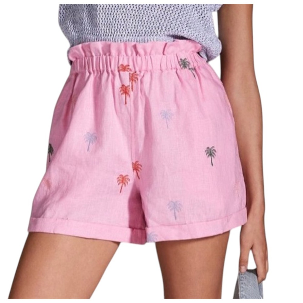 Farm Rio Anthropologie Womens Shorts S Pink Linen Palm Tree Embroidered NWT